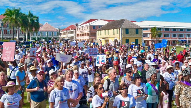 Hundreds gather in front of the gazebo on Christiansted's waterfront to take part in the Women's March.