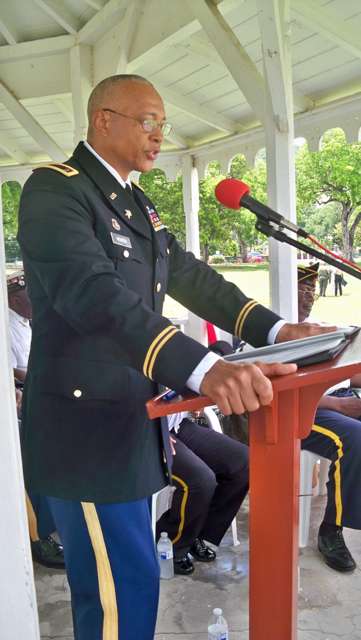 Command Chief Warrant Officer Augustin Webster delivers the keynote address at Monday's Memorial Day ceremonies.