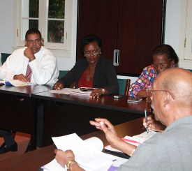 Gov. John deJongh Jr. (left) listens to Our Town Frederiksted members. Gov. John deJongh Jr. (left) listens to Our Town Frederiksted members.