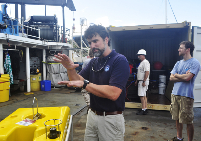 NOAA Ecologist Chris Taylor explains features of the ship's onboard ROV.