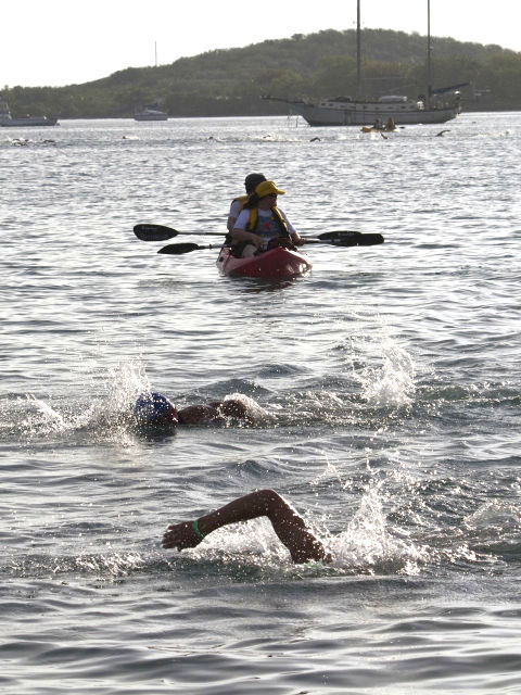 Triathlon competitors swim acroiss Christiansted Harbor in the 2010 Ironman.