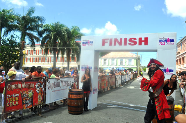 At the 2014 Ironman, Diageo's Captain Morgan character waits at the finish line to cheer home the athletes.