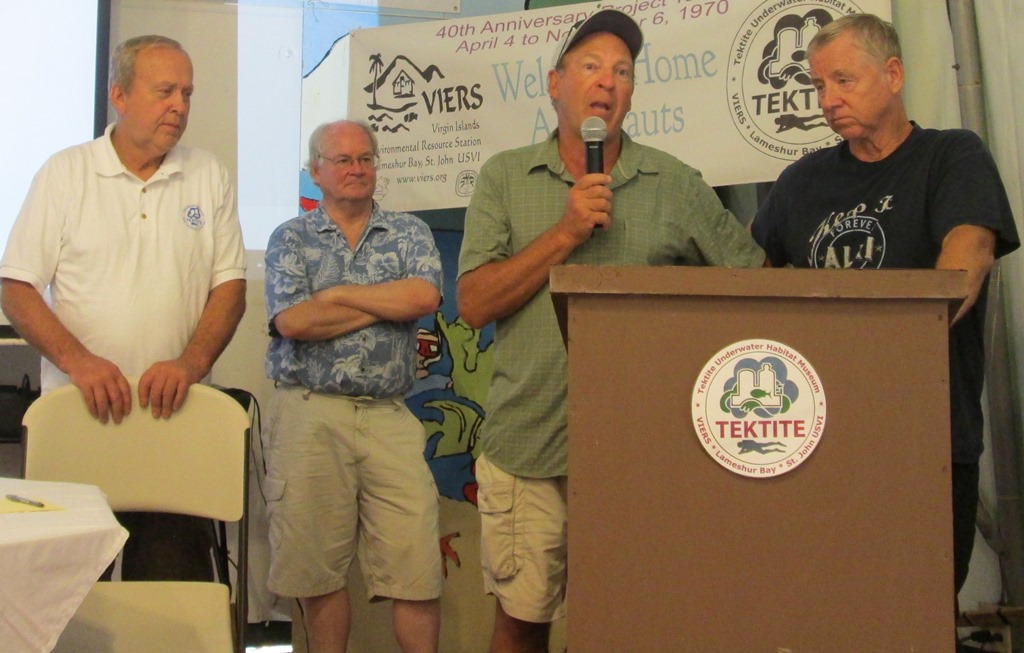 Support divers Jack Christensen, Chris Wenger, Dave Ertler, and Doug Briggs speak at Saturday's Tektite anniversary.
