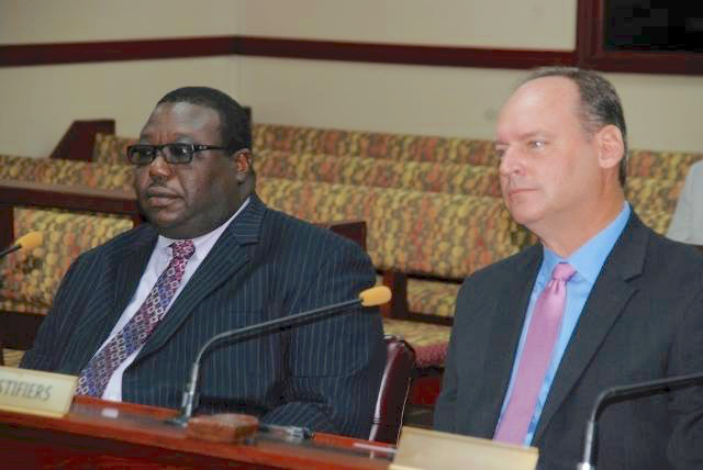 PSC nominees Raymond Williams, left, and David Hughes at Tuesday's Rules and Judiciary Committee hearing. (Photo by Barry Leerdam, provided bythe V.I. Legislature)