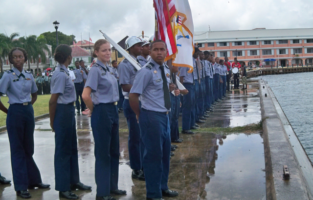 Central High Schools Junior ROTC stands in the rain during Monday's Memorial Day ceremonies.