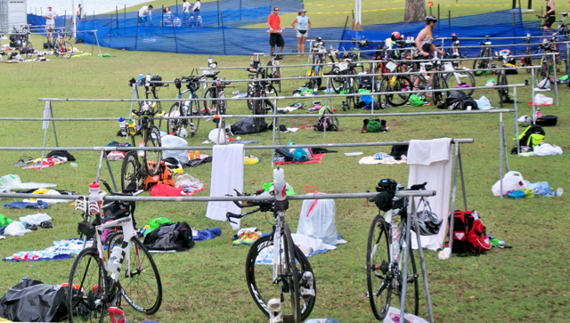 Bikes are laid out, ready to go as soon as Ironman contestants spring out of the water and hit the road.