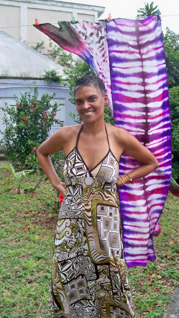 Kim Lyons's tie-dyed scarves dry in the backyard of her studio.