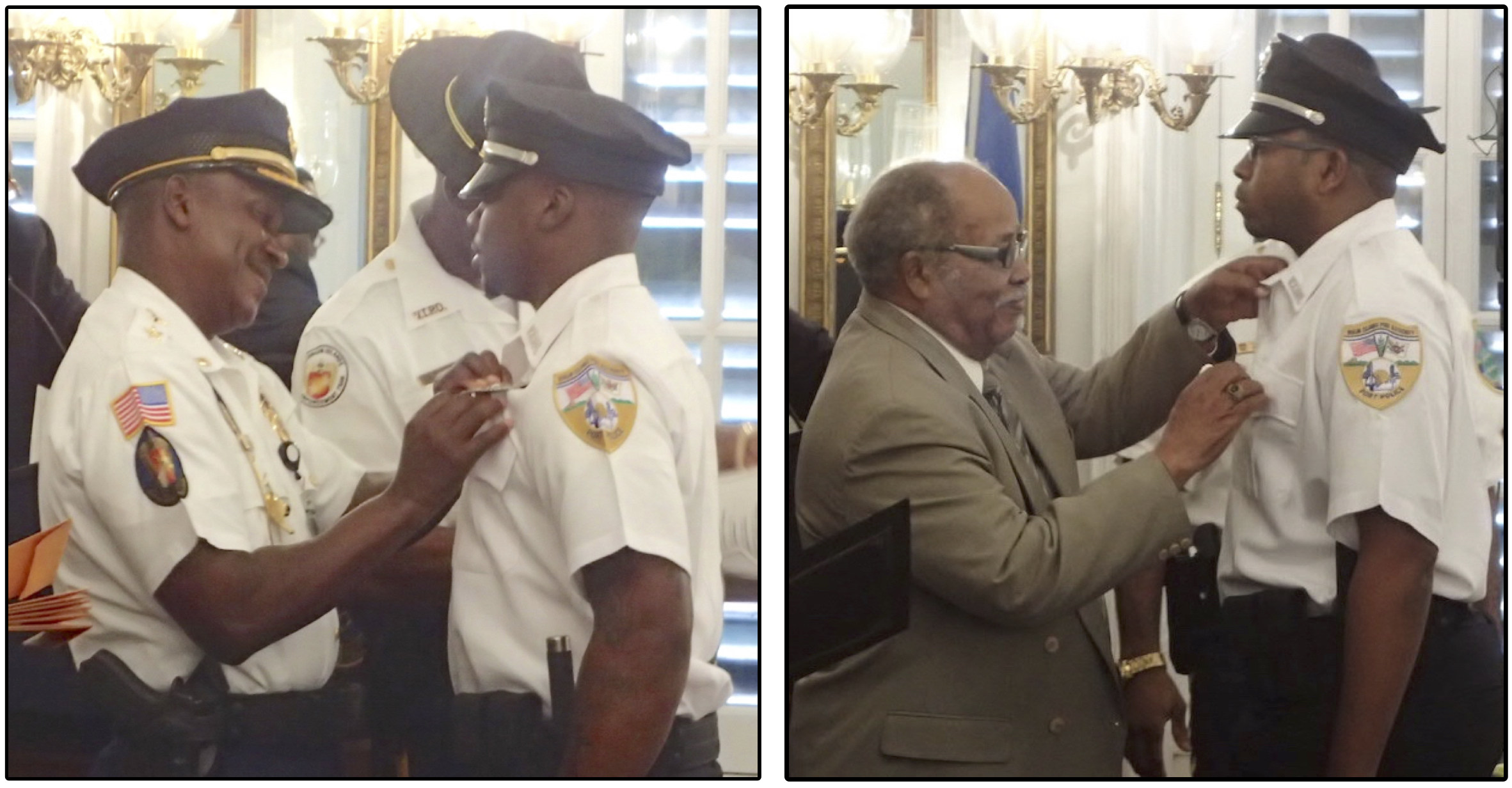  In the photo at left, former Deputy Police Chief Claude Fredericks, Jr., and his son, Claude Fredericks, III; and at right, St. Croix Police Chief Winsbut McFarlande and his son Akil McFarlande.