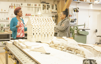 Lesley-Ann Brown, right, talks with St. Croix artist La Vaughn Belle in a Copenhagen artist workshop.