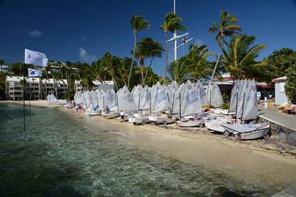 Optimist ready to race lined up on the beach in front of the St. Thomas Yacht Club. (Credit -- Dean Barnes)