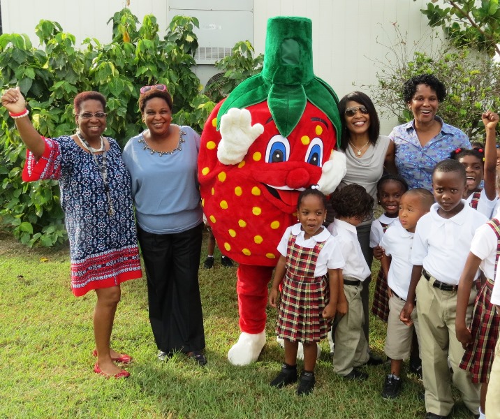 The Ricardo Richards School Strawberry mascot along with kindergarten students after a PBIS rollout program on Monday, Oct. 31.