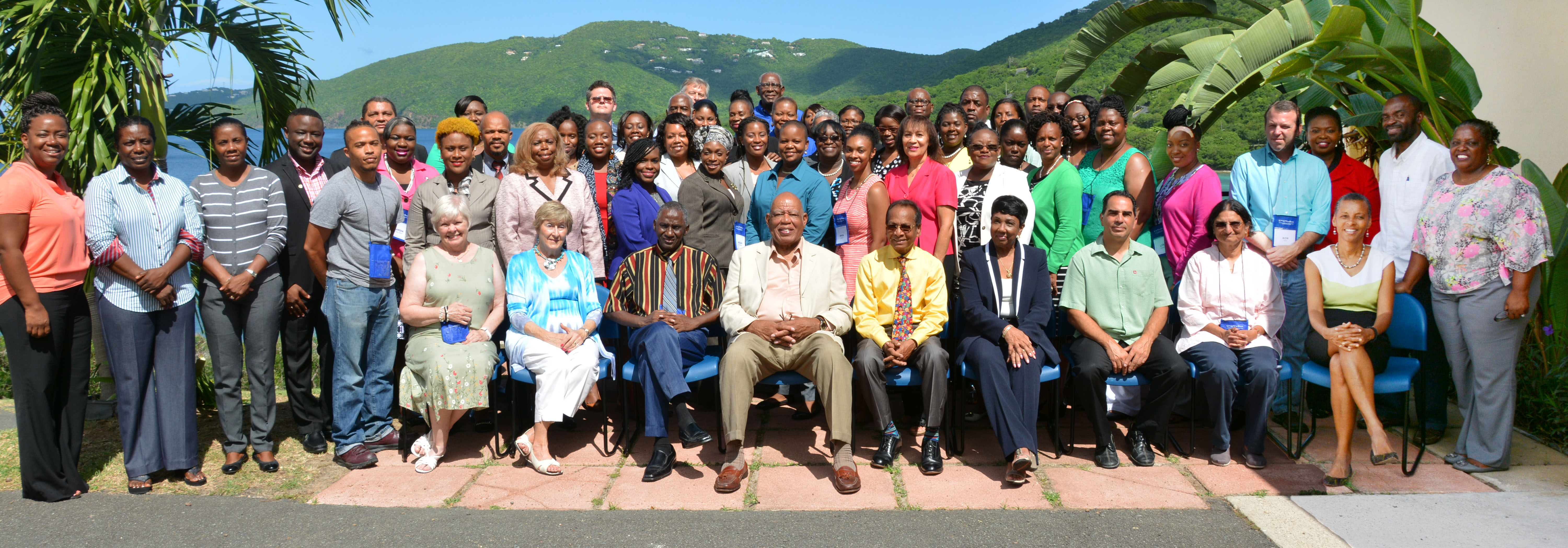 Students enrolled in the UVI inaugural Ph.D. cohort pose for a group photo with their professors and administrators on the UVI St. Thomas Campus.