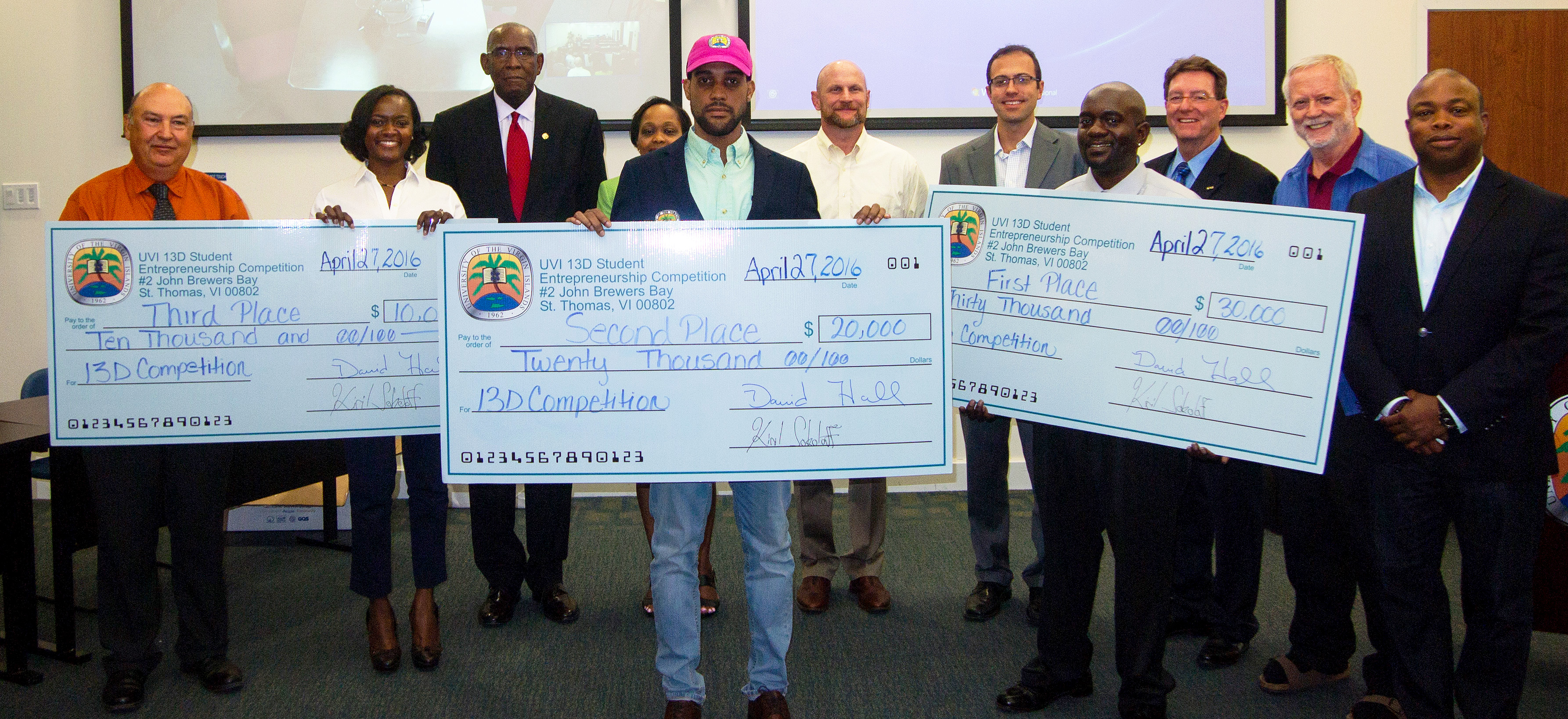 First, second and third place winners &ndash; Lloyd Maynard, Cody Richardson and Nashona Ruan -- of the 13D Student Entrepreneurship Competition with Dr. Timothy Faley, President David Hall and Dr. Glenn Metts.