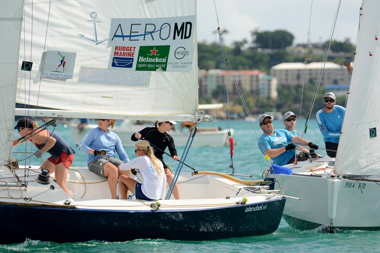 Stephanie Roble of the USA (left) and Taylor Canfield of the U.S.V.I. (right) compete in the 2015 Carlos Aguilar Match Race in the Charlotte Amalie Harbor, St. Thomas, USVI. (Credit - Dean Barnes)
