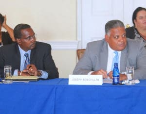 Incoming WICO head Clifford Graham, left, and outgoing head Joseph Boschulte participate in Wednesday’s task force meeting.