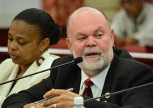 BMV Director Lawrence Olive testifies at an earlier Senate hearing. (Photo by Barry Leerdam, provided by the V.I. Legislature)