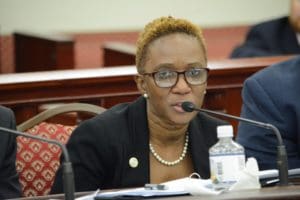 Human Services Commissioner Felecia Blyden addresses the Senate at Wednesday's session. (Photo by Barry Leerdam, provided by the V.I. Legislature)