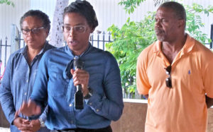 DPNR Commissioner Dawn Henry speals at Wednesday's town hall meeting, flanked by Judith Gomez of Fish and Wildlife, and Norman Williams of Environmental Protection.