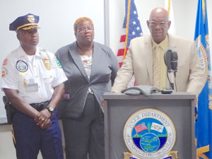 St. Croix Police Chief Winsbut McFarland, Lt. Naomi Joseph and Police Commissioner Delroy Richards, Sr. speak Wednesday about the weekend rape and carjacking case.