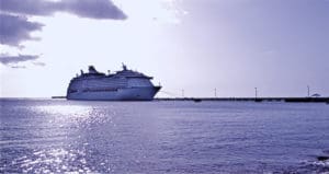 A cruise ship visits the Fredericksted pier on St. Croix. Under a bill signed by the governor, the Schooner Bay Channel would be dredged, allowing smaller cruise ships to visit Christiansted. (John Baur photo)