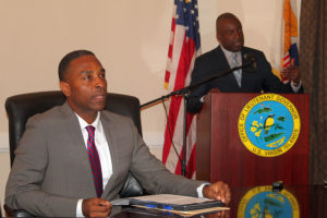 At a Friday news conference, Attorney General Claude Walker, and Lieutenant Governor Osbert Potter discuss how they will safeguard upcoming property tax auctions against fraud.