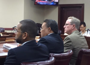 From left, Troy de Chabert Schuster, Richard Evangelista and Tim Lessing testify before the Senate on behalf of the Juan F. Luis Hospital Friday.
