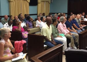 An attentive crowd of people interested in the future of the V.I. National Park fills the Legislative Annex on St. John.