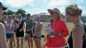 Nina York talks to students from Denmark during the St. Croix Transfer day celebration earlier this year.