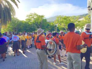 Members of the Pathfinders Youth Group drum corps on Saturday march into Emancipation Gardens for the St. Thomas Seventh-day Adventists’ rally to end violence against women.