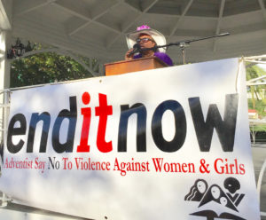 Naomi Penn, area coordinator for the St. Thomas-St. John Seventh-day Adventists’ Women’s Ministries Council, leads the End It Now rally on Saturday.