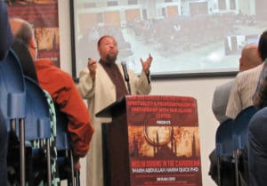 Canadian scholar Abdullah Hakim Quick addresses a crowd of about 200 people at the University of the Virgin Islands on the Golden Age of Islam and historic evidence of cross Atlantic migration in the 14th century.