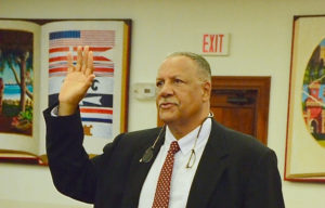 Kent Bernier is sworn in Friday to testify before the Senate Committee on Rules and Judiciary. (V.I. Legislature photo)