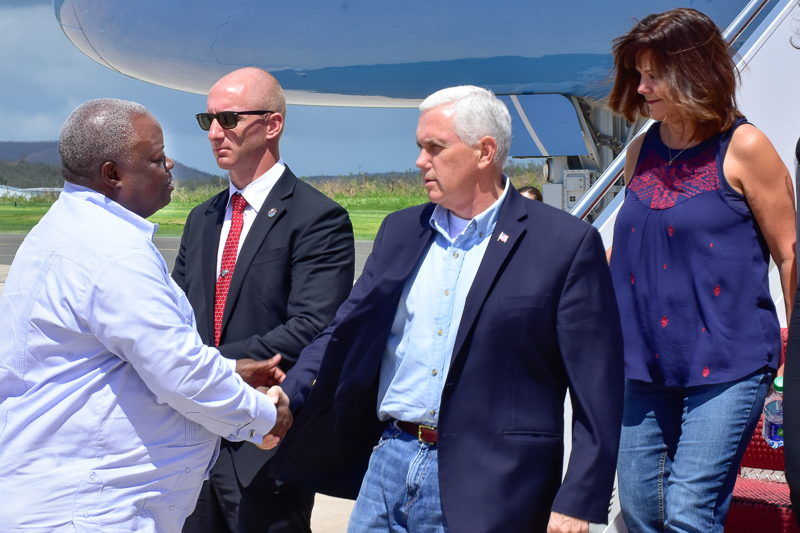 Gov Kenneth Mapp greets Vice President Mike Pence when he arrives on St. Croix. (Government House photo)