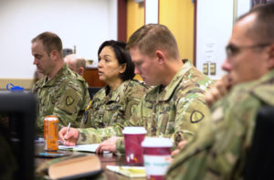 Members of the Alaska National Guard’s Joint Operations Center, led by Col. Kimberely DeRouen, finalize details for the deployment of more than 50 Guardsmen from Alaska to St. Croix to provide operational and sustainment support in the aftermath of Hurricanes Maria and Irma. (Alaska Army National Guard photo by 2nd Lt. Marisa Lindsay)