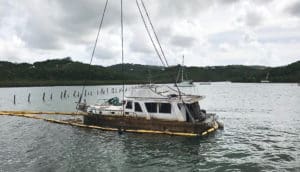 Crews removed all oil and other hazardous materials from the vessel Lucky Penny in Salt River Bay on Nov. 7, in preparation for moving it to a holding area to evaluate it for salvage, returning to its owner or proper disposal. (U.S. Coast Guard photo)