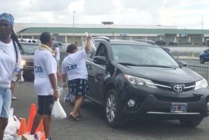 Volunteer hands batteries through the window of a car Saturday at the Sunshine Mall parking lot event..