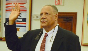 Kent Bernier Sr. is sworn in for testimony at his nomination hearing in August. (V.I. Legislature photo by Barry Leerdam)