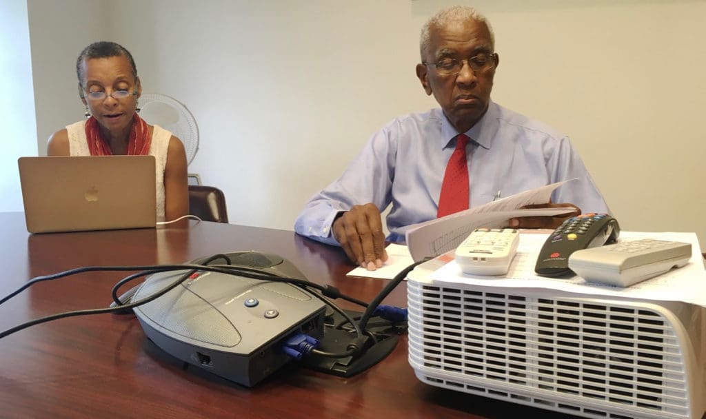 Provost Camille McKayle and Vice Chairman Alexander A. Moorhead attend Tuesday’s UVI Board meeting. (Marina Leonard photo)