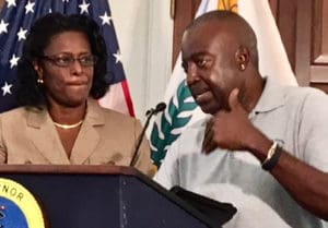 VITEMA Director Mona Barnes and Lt. Gov. Osbert Potter discuss tsunami danger and a delayed warning at a Wednesday news conference.