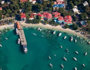 Aerial view of Cruz Bay beachfront including Wharfside Village