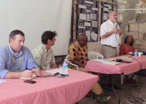 FEMA’s Michael Foley, USDOI Guy Hughes, Senate President Myron Jackson, Richard Kurin of the Smithsonian Institution and, Sonia Jacobs Dow, St. Croix Landmarks Society, discuss hurricane recovery.