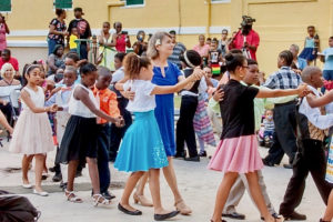 Barbara Walsh and Dancing Classrooms students do the foxtrot at a March 2017 performance at the Dorsch Center in Frederiksted. (Photo by Aisha Zakiya Boyd, Dancing Classrooms)