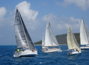Competitors race downwind in the non-spinnaker class in the 25th St. Croix Regatta. (Anne Salafia photo)