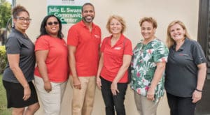 At Flamboyant Gardens in St. Croix, from left, AARP Vice-President Aiyshen Padilla, AARP-V.I. Operations Specialist Sherilyn Pogson, AARP-V.I. State Director Troy de Chabert-Schuster, AARP Regional Vice-President (East and Caribbean) Kelly Clark, AARP CEO Jo Ann Jenkins, AARP Foundation President Lisa Marsh Ryerson. (Photo by Denise Bennerson)