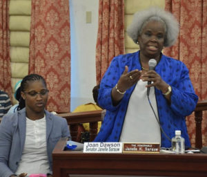 Joan Dawson takes part in the debate while her counterpart, Sen. Janette Sarauw, listens in. (Government House photo)