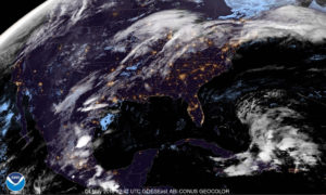 Image from the GOES East weather satellite from about 10:30 p.m. (AST) Thursday night shows heavy clouds moving west of the Virgin Islands. NOAA image)