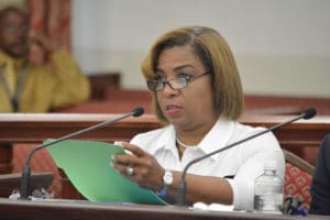 Chief Negotiator Natalie Tang-How testifies to the Senate Finance Committee on Tuesday. (Photo by Barry Leerdam for the V.I. Legislature)