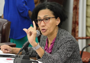 Sen. Nereida Rivera-O'Reilly (D-STX) asks questions about the government's contract with Bruckner Business Management & Consulting. (Photo by Barry Leerdman for the V.I. Legislature)