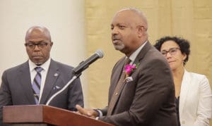 Sen. Tregenza Roach, sponsor of the UVI free-tuition bill, speaks Friday at the Senate while Sens. Myron Jackson, left, and Nereida Rivera-O’Reilly look on.