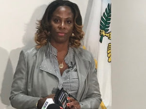 Delegate to Congress Stacey Plaskett speaks Tuesday at a news conference.